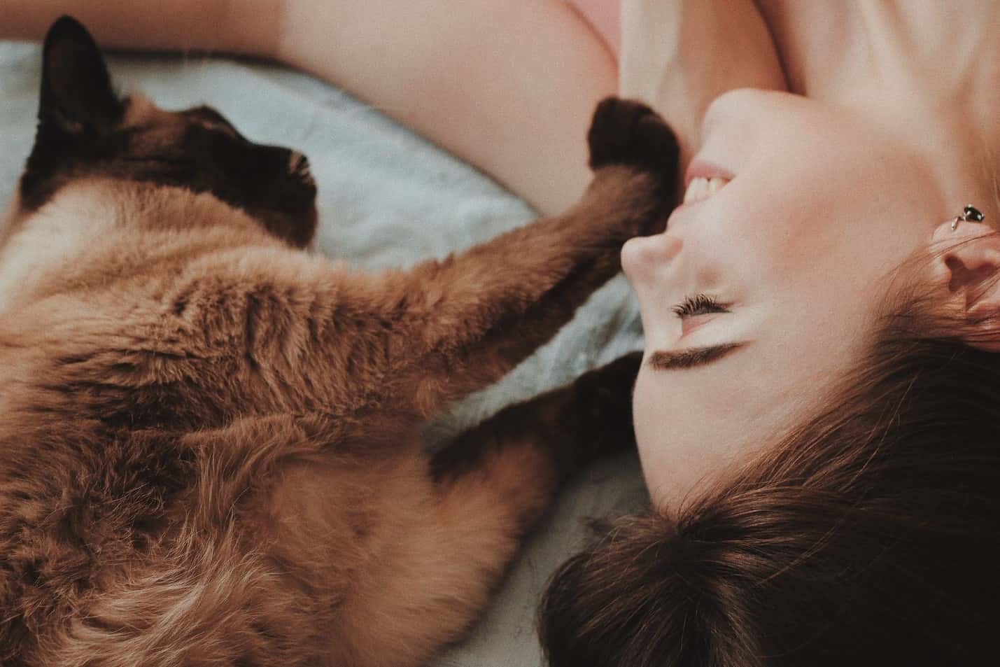 Cat with Lady on Bed Cat woman cuddling in bed