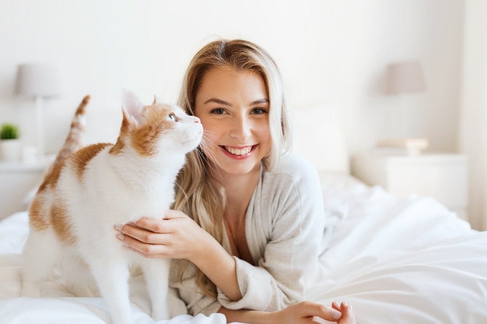 Cat and Woman Smile Cat and woman smile on bed